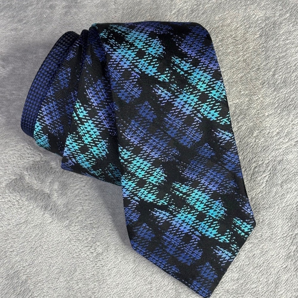 Robert Graham Necktie Mens OS Blue Black Silk Abstract Plaid Knowledge Wisdom